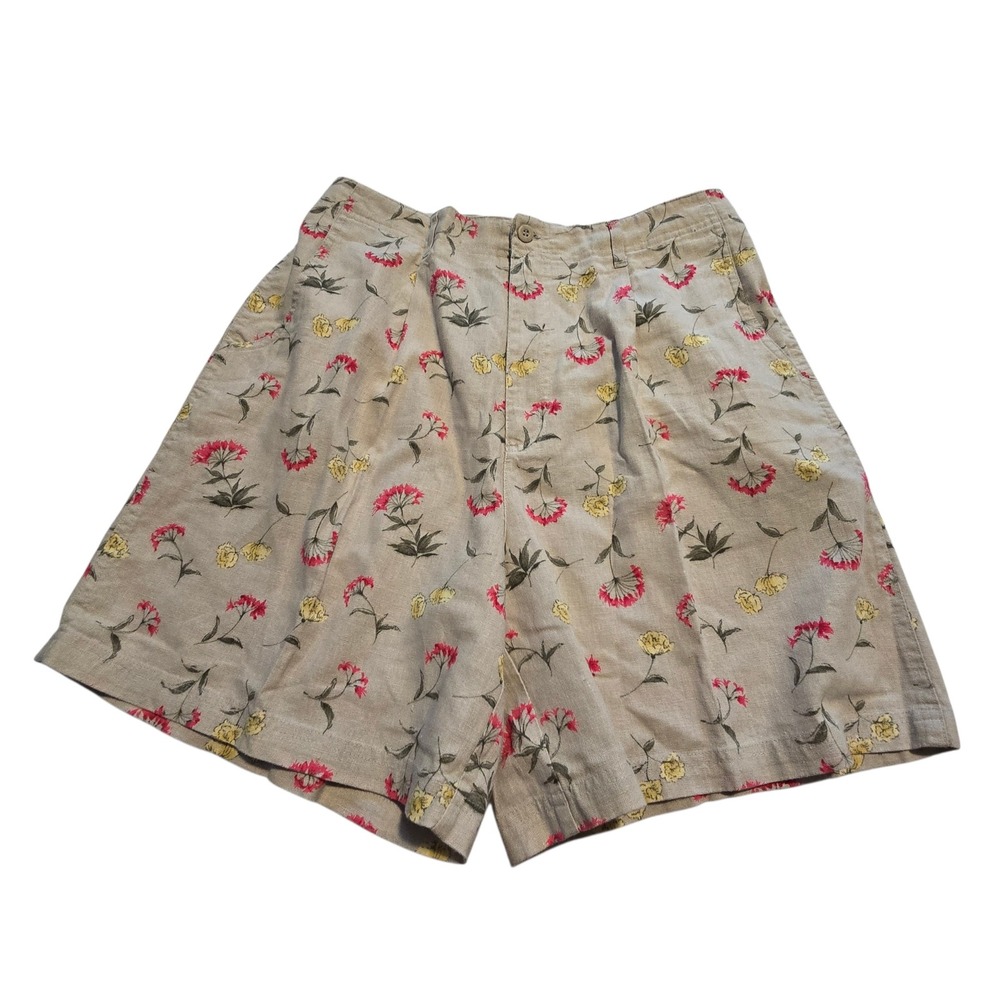Vintage 90s Floral Pleat Shorts Women 12 Beige Linen Blend Hi Rise Boho Cottage